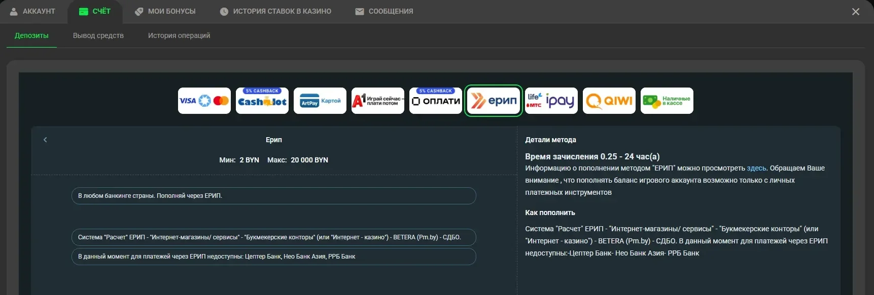 Доступные методы оплаты в Бетера