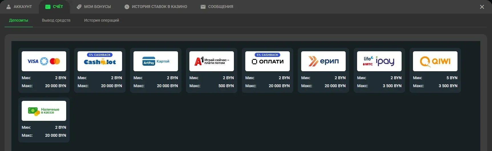 Раздел депозиты в личном кабинете
